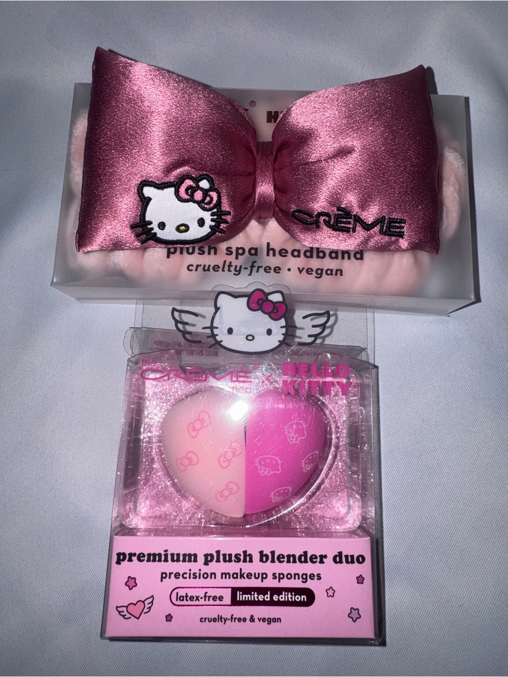 Hello Kitty Shimmery Pink Satin Bow Spa Headband & Blender Makeup Sponges Bundle
